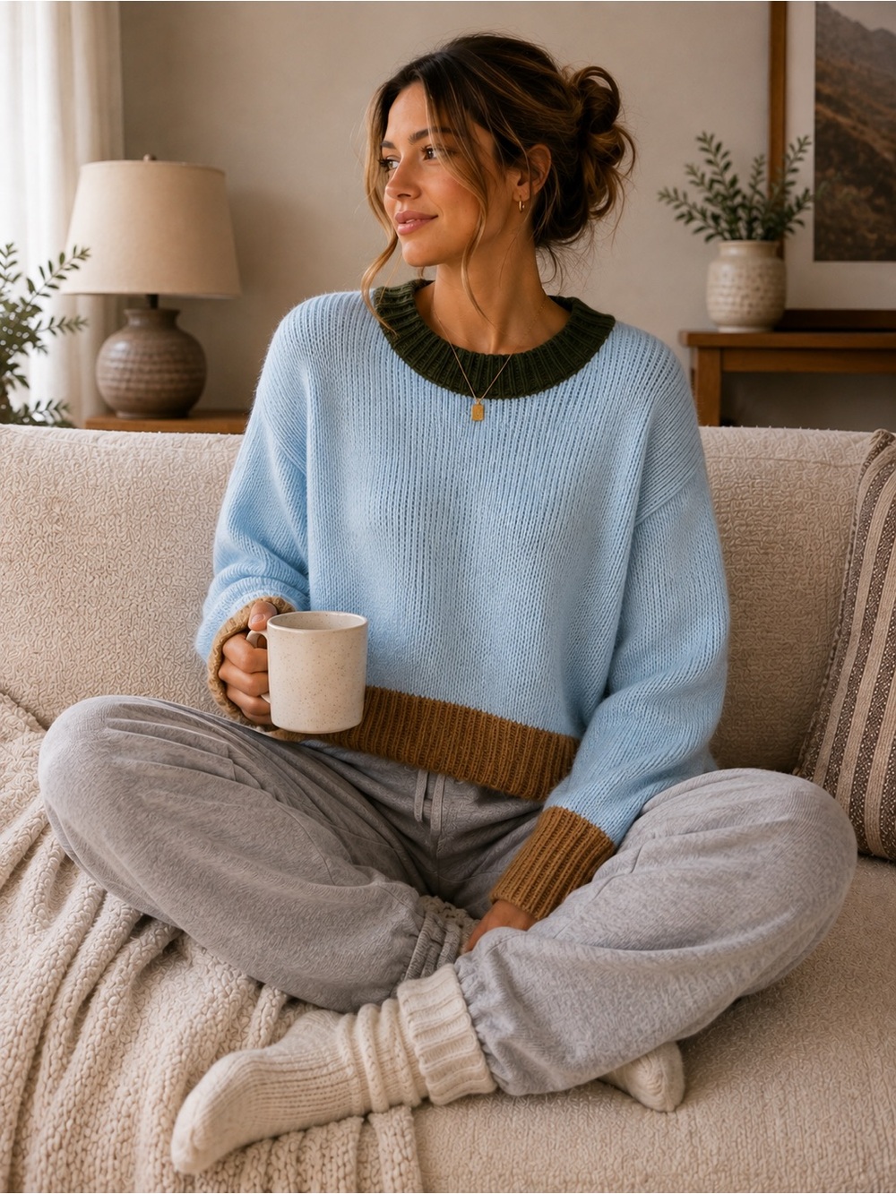 Who What Wear Light Blue Sweater with Olive Neck and Brown Trim